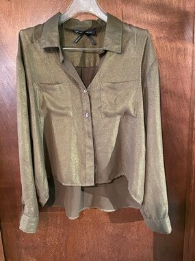 Ali & Kris Metallic Olive Green Button-Front Blouse with Floral Hem